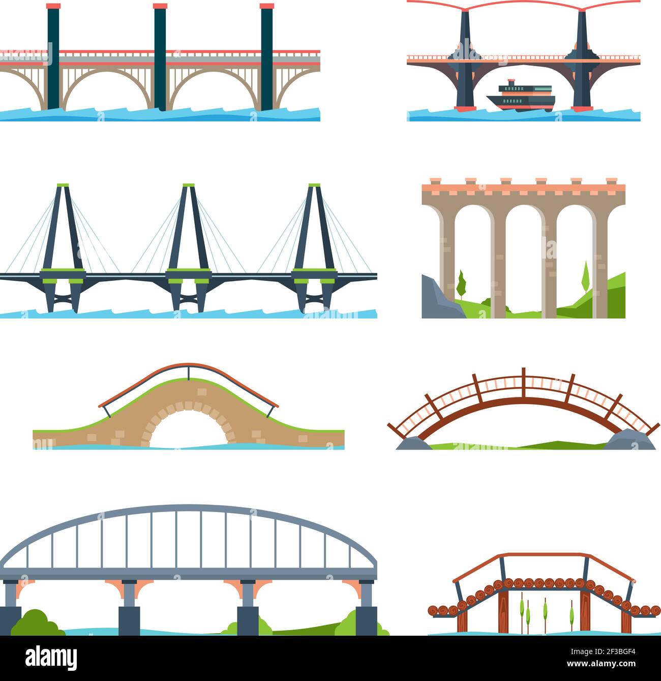 Bridges flat. Architectural urban objects bridge with column or aqueduct beam vector pictures Stock Vector