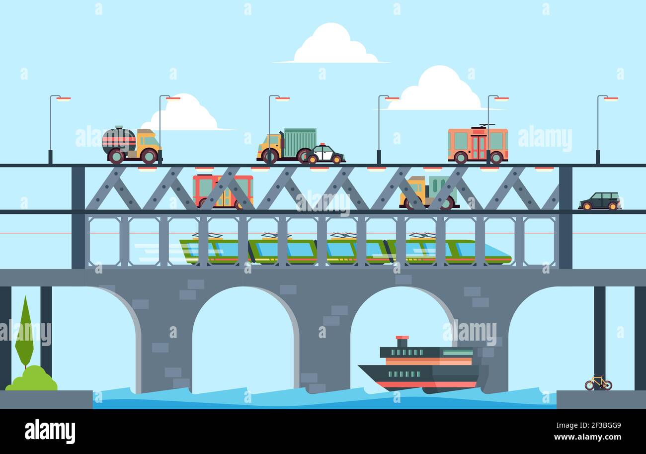 Landscape with bridge. Speed truck highway bridge with cars vector cartoon background illustration Stock Vector