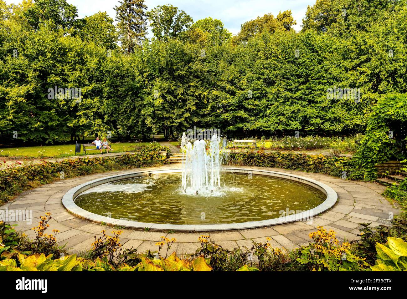 Zywiec, Poland - August 30, 2020: Neo-renaissance waterworks in historic Zywiec Park surrounding castle and Habsburgs palace in old town city center i Stock Photo