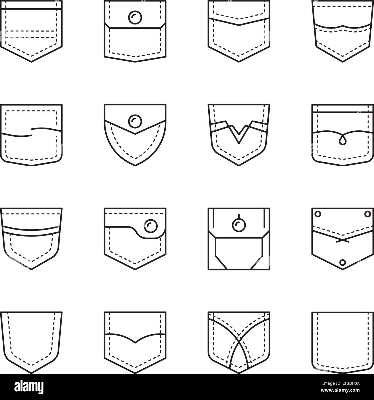 Pocket shapes. Textile sew clothe pockets bag casual style vector ...