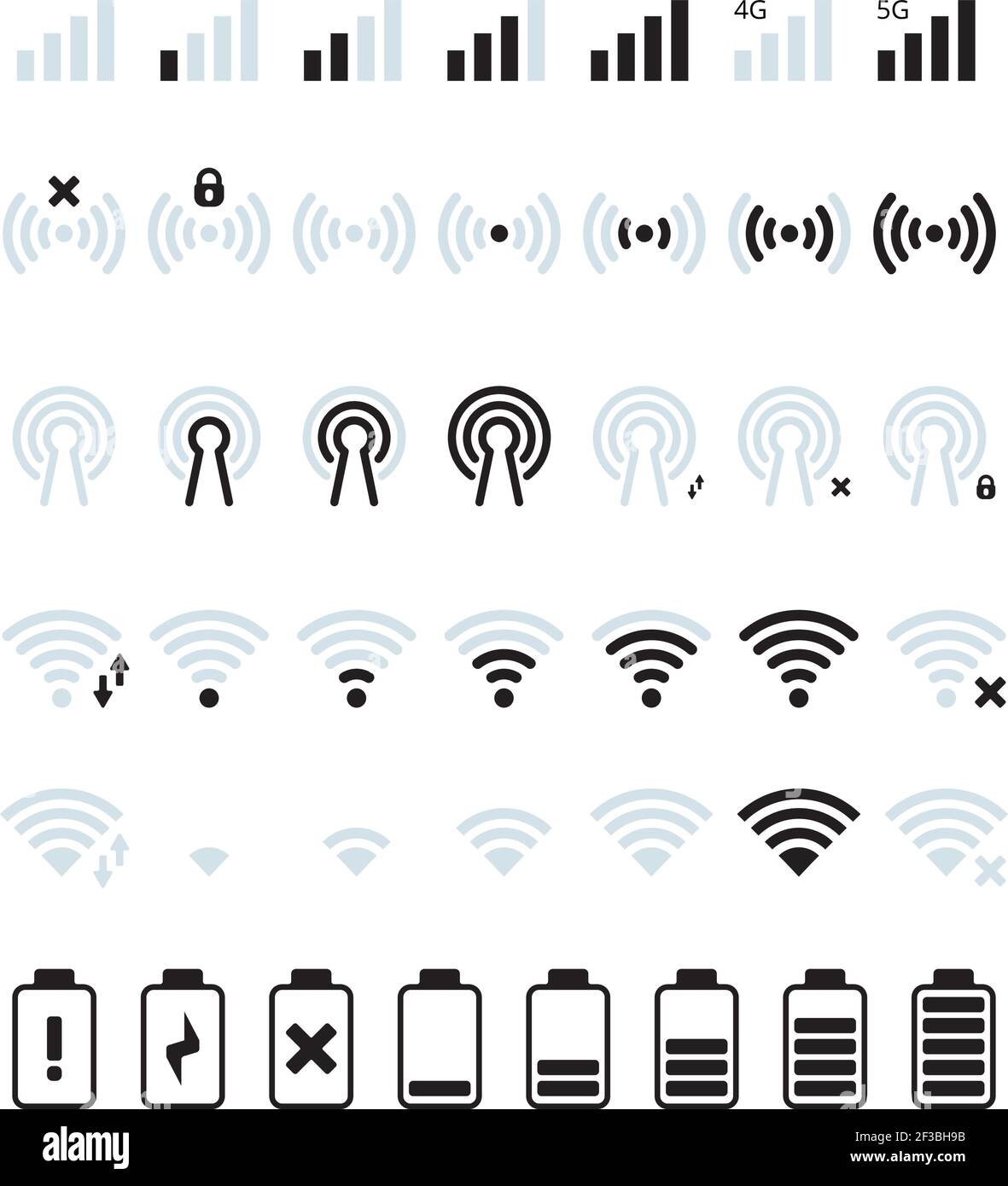 Phone mobile signal. Wifi and mobile status bar connection icon gsm batteries level vector pictures Stock Vector