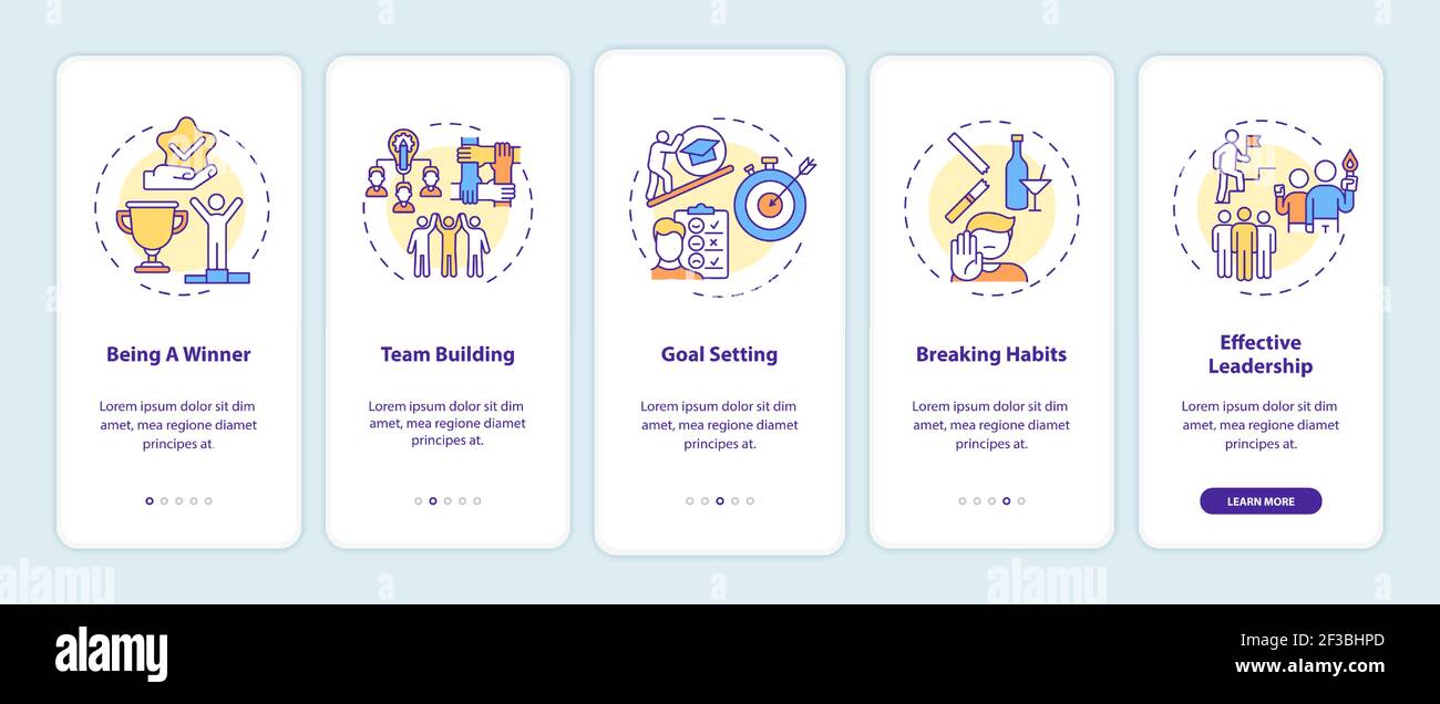 Motivational content types onboarding mobile app page screen with concepts Stock Vector