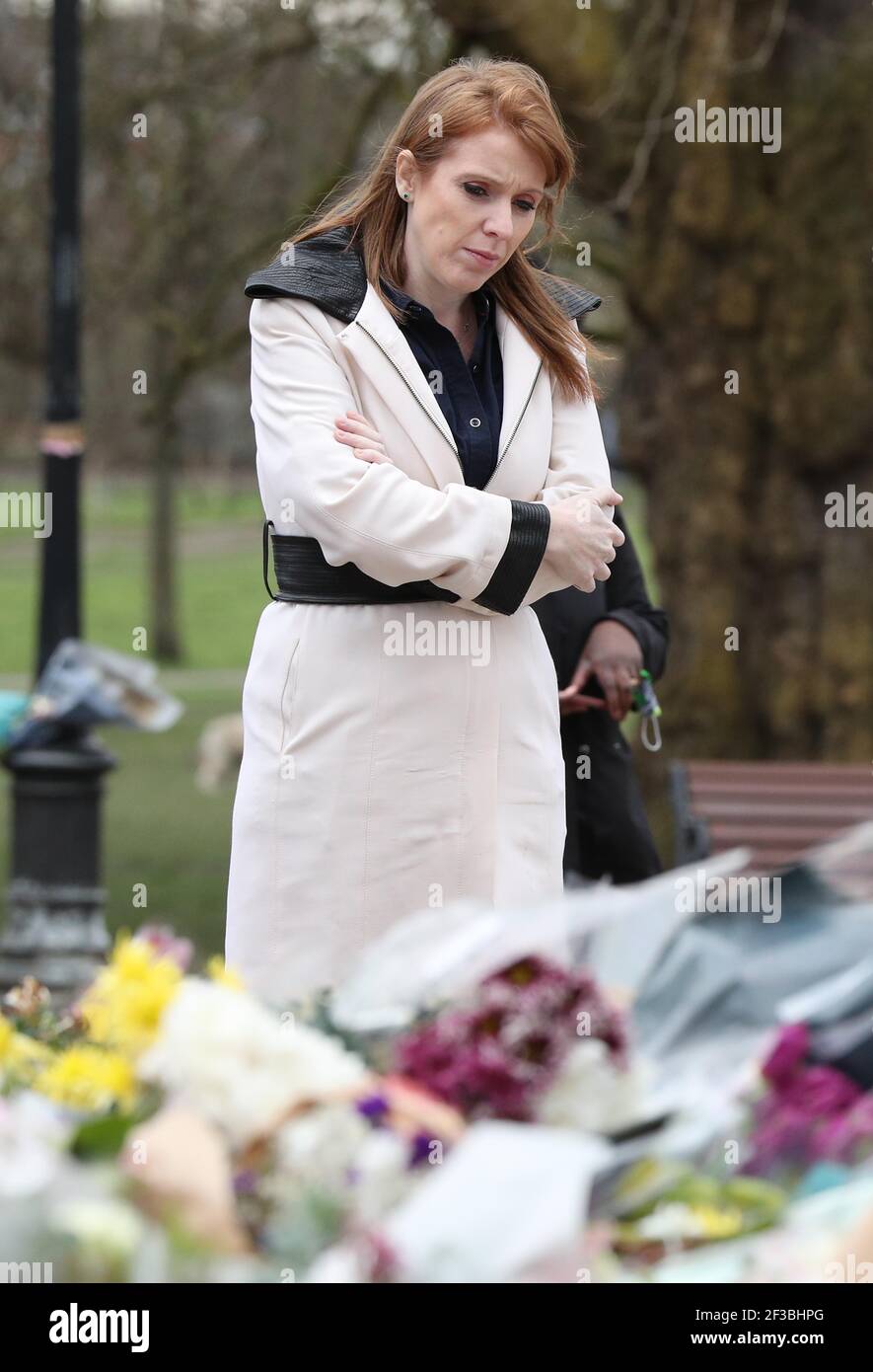 Deputy Labour Leader Angela Rayner looks at flowers after laying a floral tribute at the bandstand in Clapham Common, London, for murdered Sarah Everard. Picture date: Tuesday March 16, 2021. Stock Photo