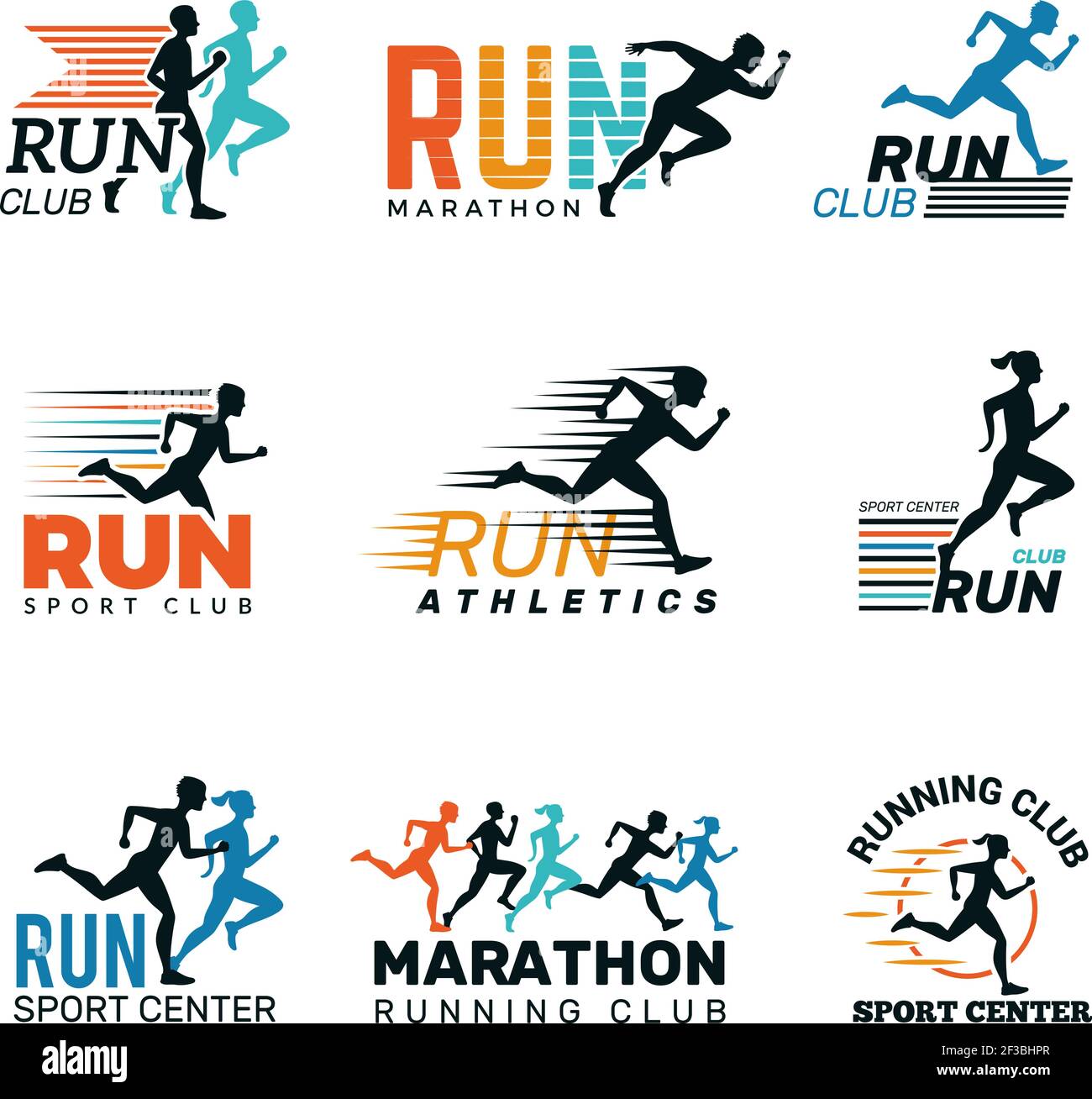 Running logo. Marathon club badges sport symbols shoe and legs jumping running people vector collection Stock Vector