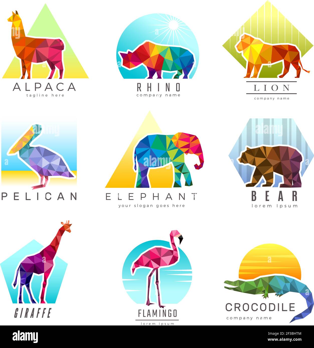 Animals logo. Zoo low poly triangular geometric symbols fo different animals origami colored business identity vector Stock Vector