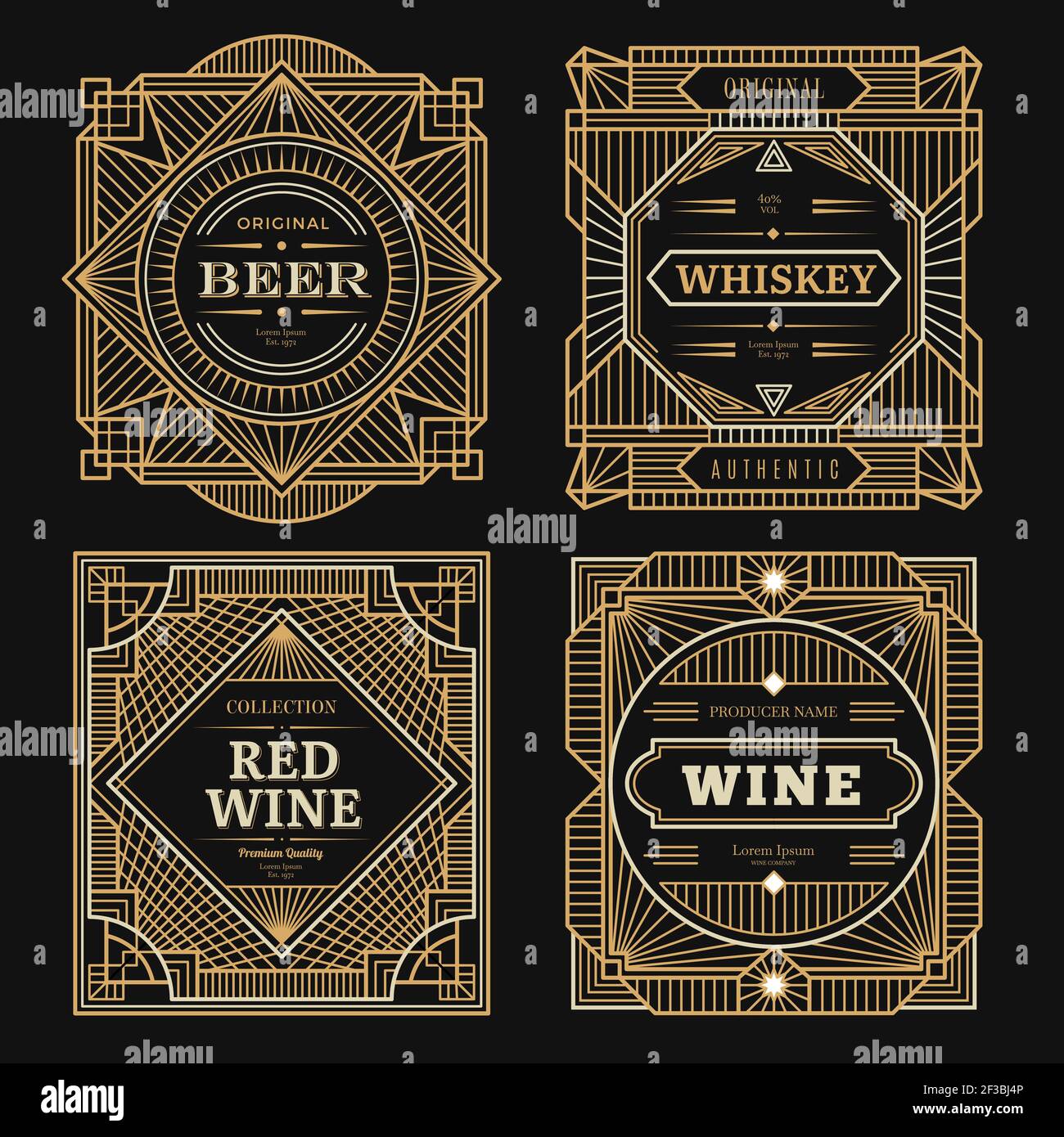 Art deco labels. Vintage alcohol labels framed brands rum tequila drinks golden borders swirl vector template Stock Vector