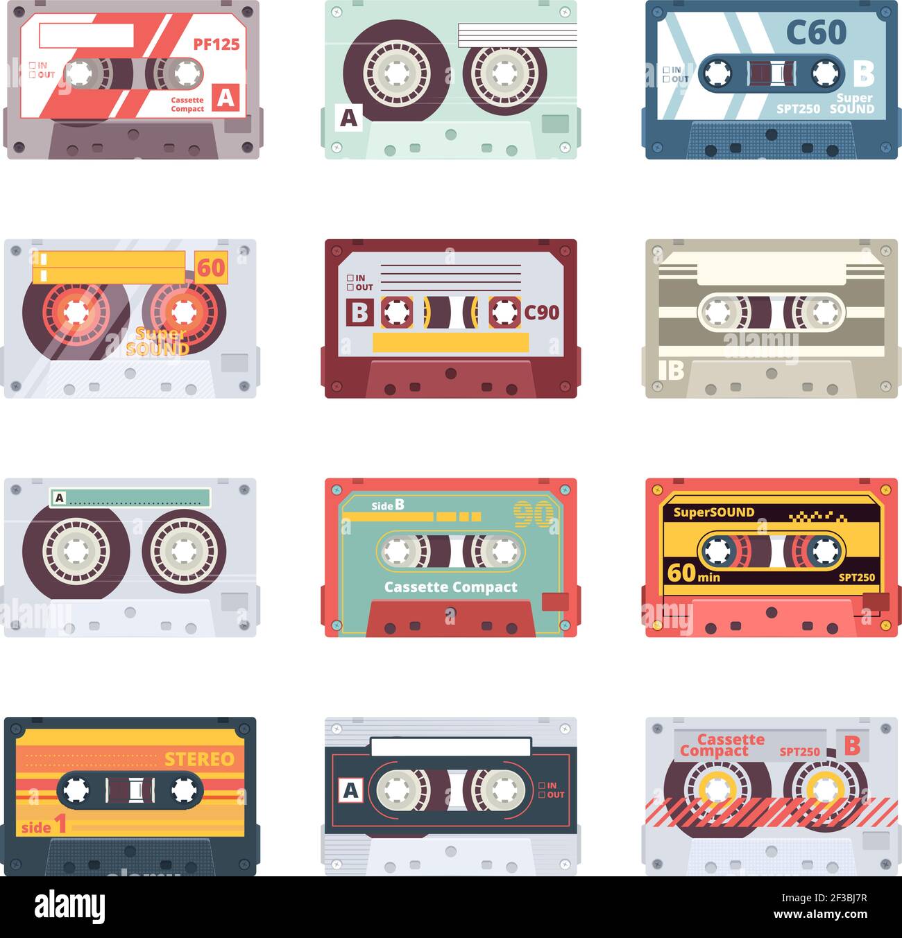 Music cassettes. Electronics audio player mixtape 80s technologies stereo record radio vector flat pictures Stock Vector
