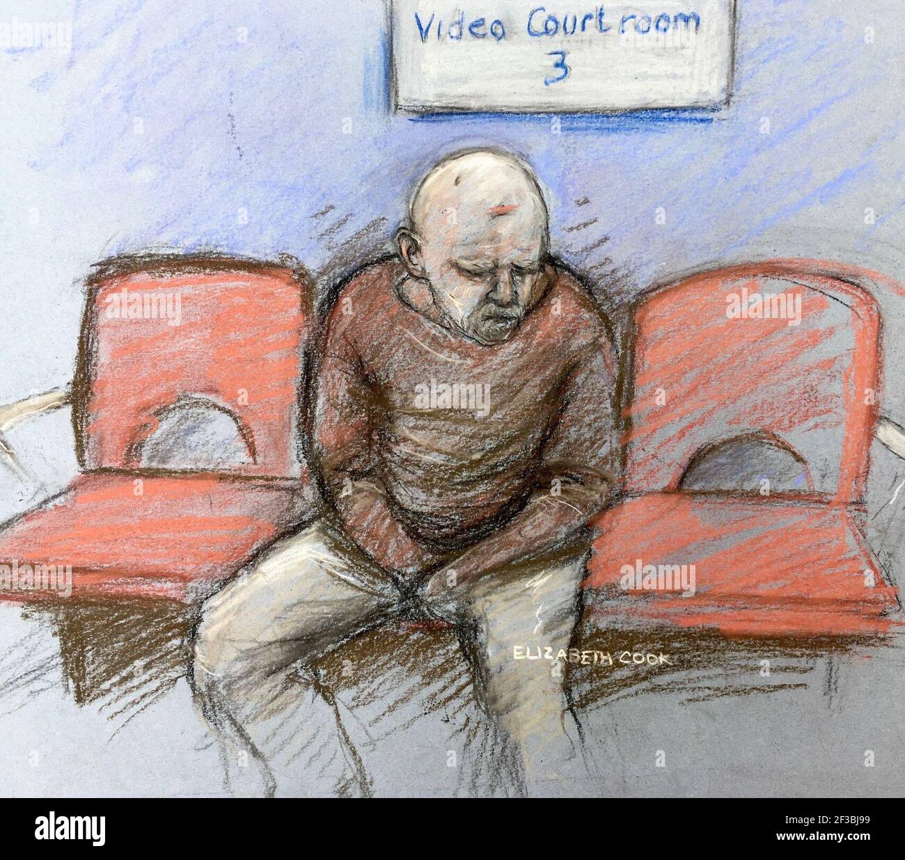 Court artist sketch by Elizabeth Cook of serving police constable Wayne Couzens, as he starts to slump in his seat whilst making his first appearance at the Old Bailey by video link from Belmarsh top security jail in south London, where he is charged with the murder and kidnapping of Sarah Everard. Picture date: Tuesday March 16, 2021. The police officer is due to go on trial in the autumn for the kidnap and murder of Sarah Everard. Pc Wayne Couzens, 48, is accused of snatching the 33-year-old marketing executive as she walked home from a friendÕs flat in Clapham, south London, on the evening  Stock Photo