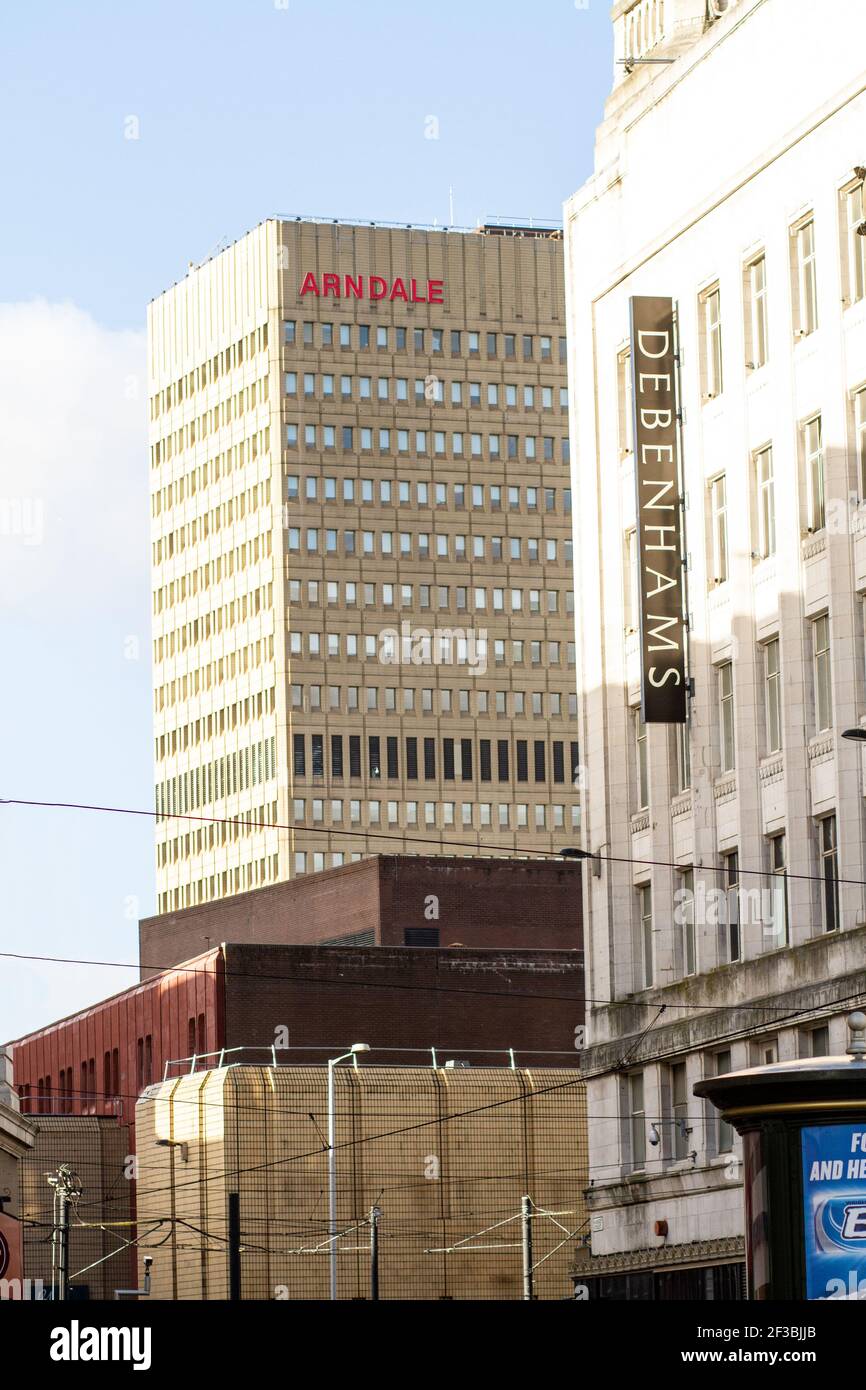 Manchester England - 13.10.2013: Manchester Arndale shopping centre exterior with red sign Stock Photo