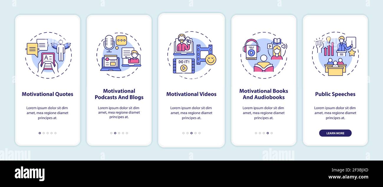 Motivational content sources onboarding mobile app page screen with concepts Stock Vector