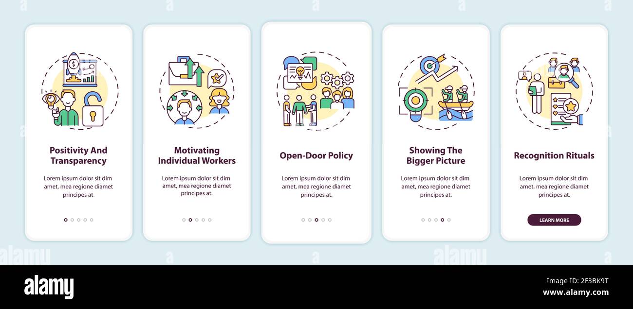 Staff motivation strategies onboarding mobile app page screen with ...