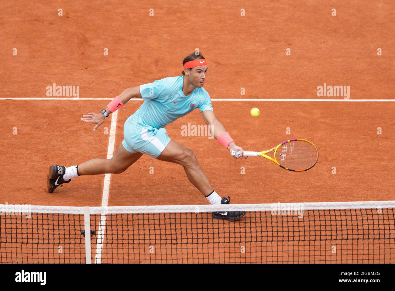 Spanish tennis player Rafael Nadal playing a forehand  volley during French Open 2020, Paris, France, Europe. Stock Photo