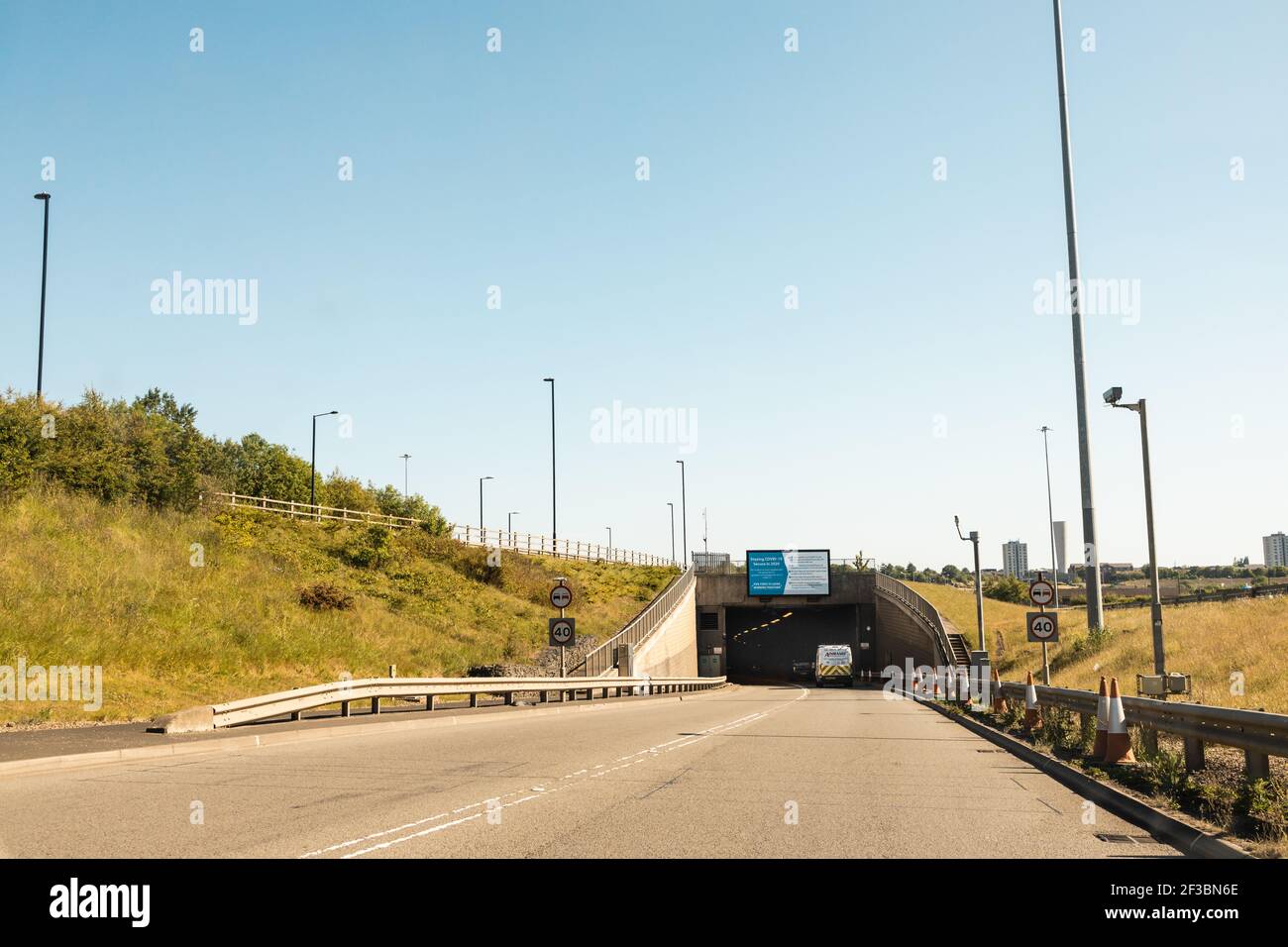 Newcastle UK: 1st June 2020: Road approach (Tyne Tunnel toll) to the Tyne Tunnel crossing under the River Tyne Stock Photo
