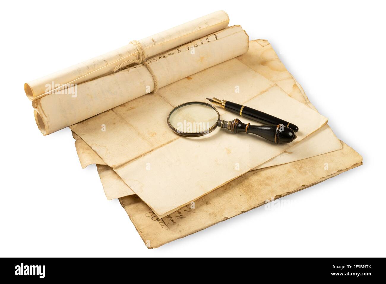 Fountain pen and magnifying glass with old sheets isolated on white ...