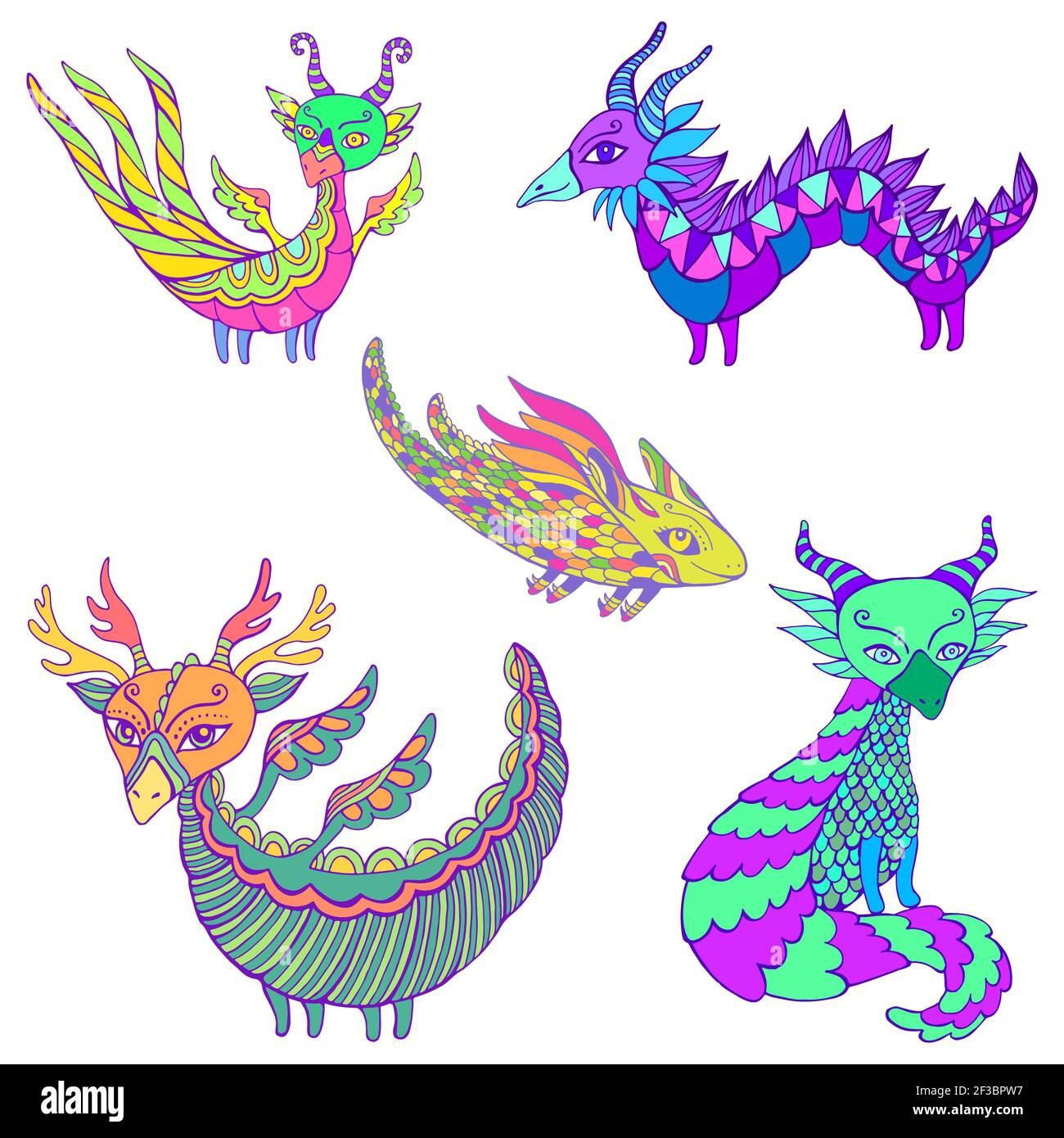 Set of five colorful fantasy Dragons. Each dragon is unique, with its own colors and patterns, wings, horns and tails. Isolated on white. Bizarre deco Stock Vector