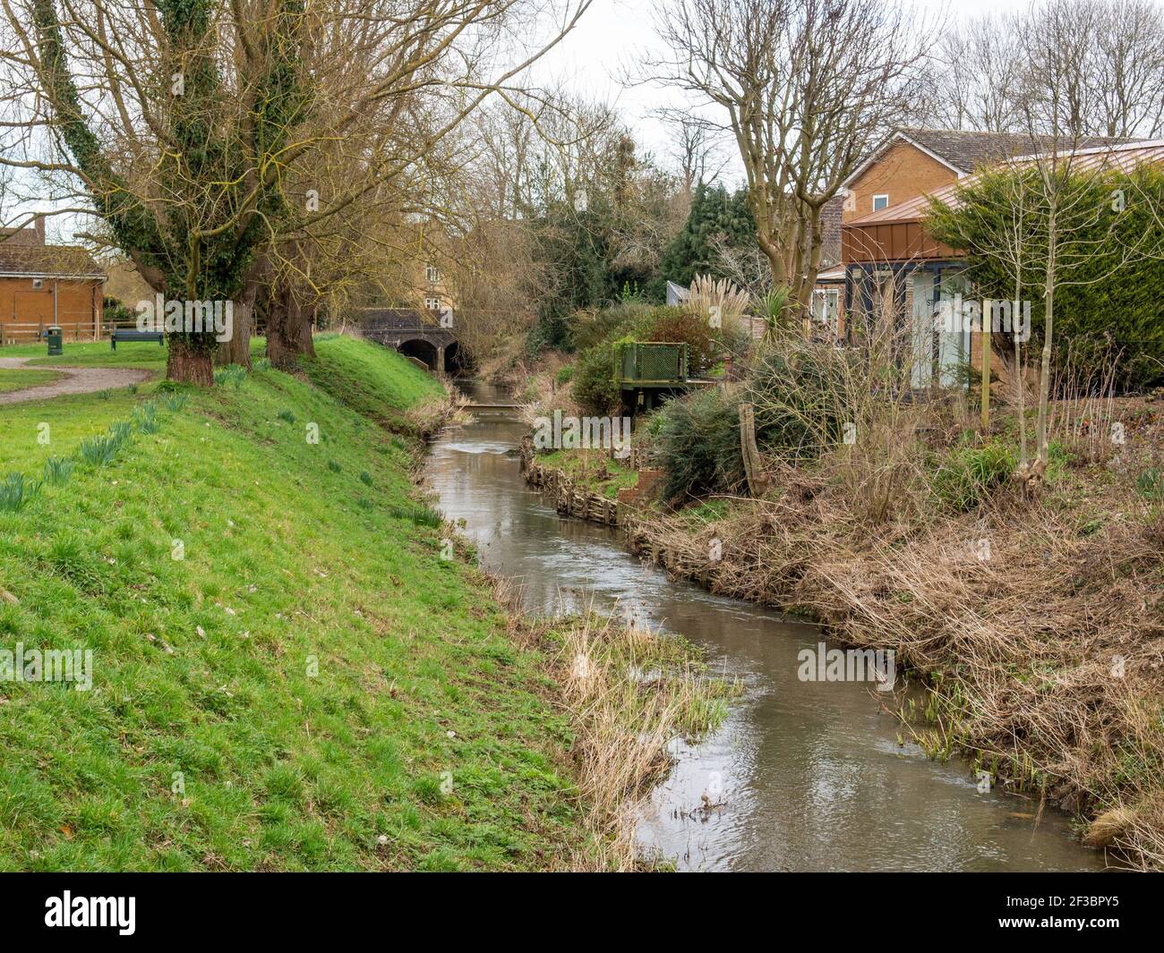 Brook running through the Millennium Green in the village of Bugbrooke