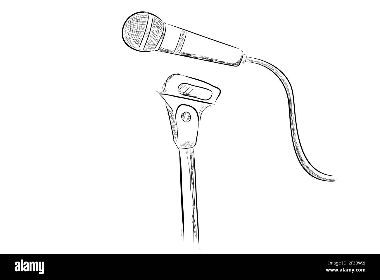 Simple, hand draw sketch wireless microphone at stand, Isolated on White Stock Vector