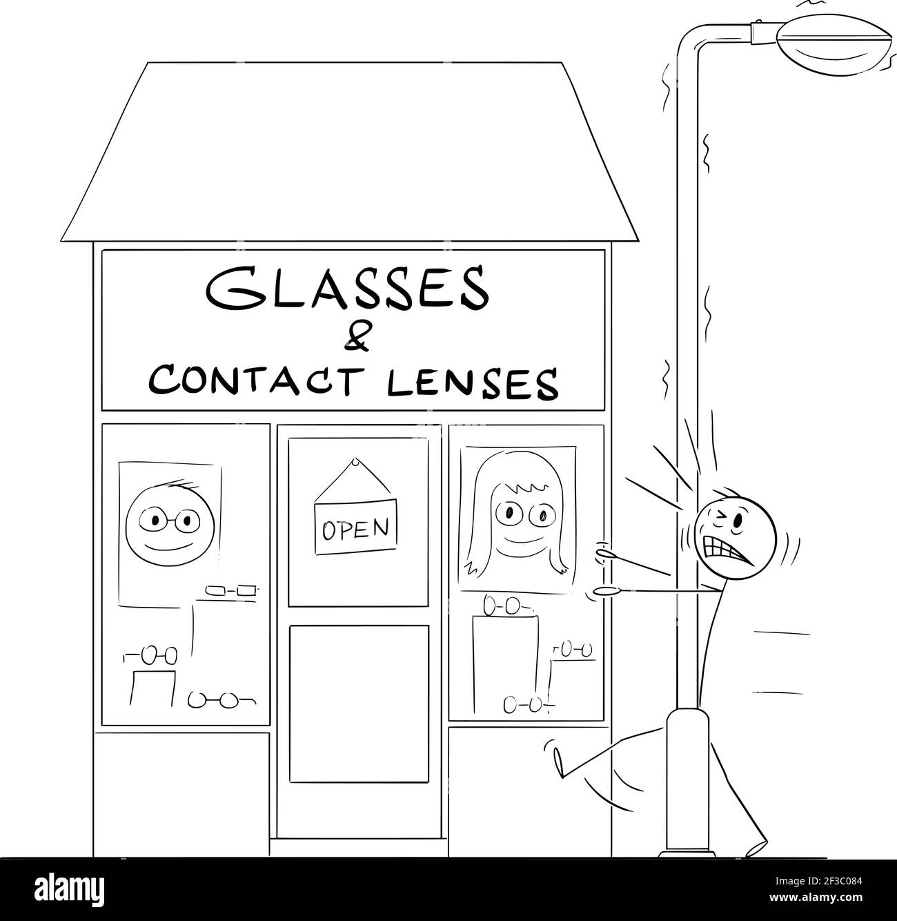 Poorly Seeing Man Hit the Streetlight in Front of Glasses and Contact Lenses Shop. Humor in Vector Cartoon Stick Figure Illustration Stock Vector