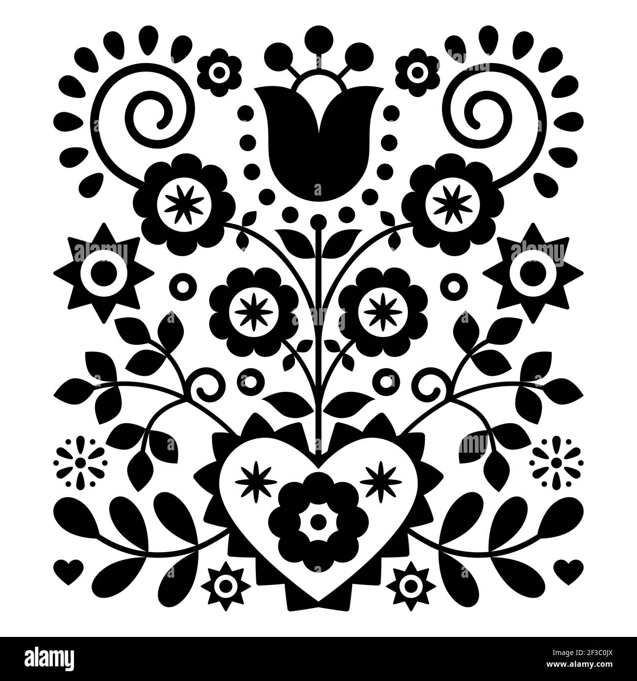 Floral folk art vector design from Nowy Sacz in Poland inspired by traditional highlanders embroidery Lachy Sadeckie in black and white Stock Vector