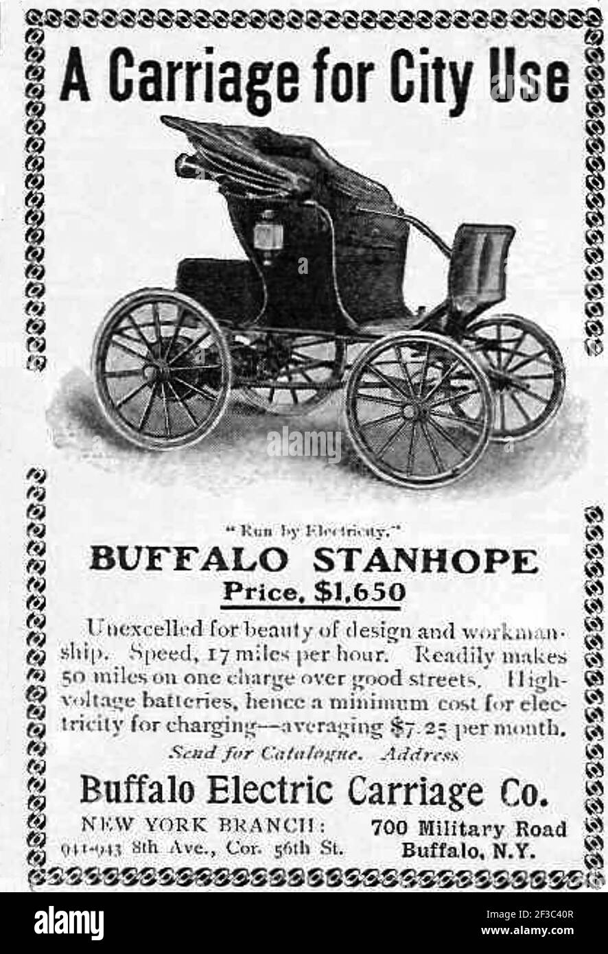 BUFFALO ELECTRIC CARRIAGE COMPANY, New York. A 1904 advert for their Stanhope model whjch produced 2.5 hp. Stock Photo