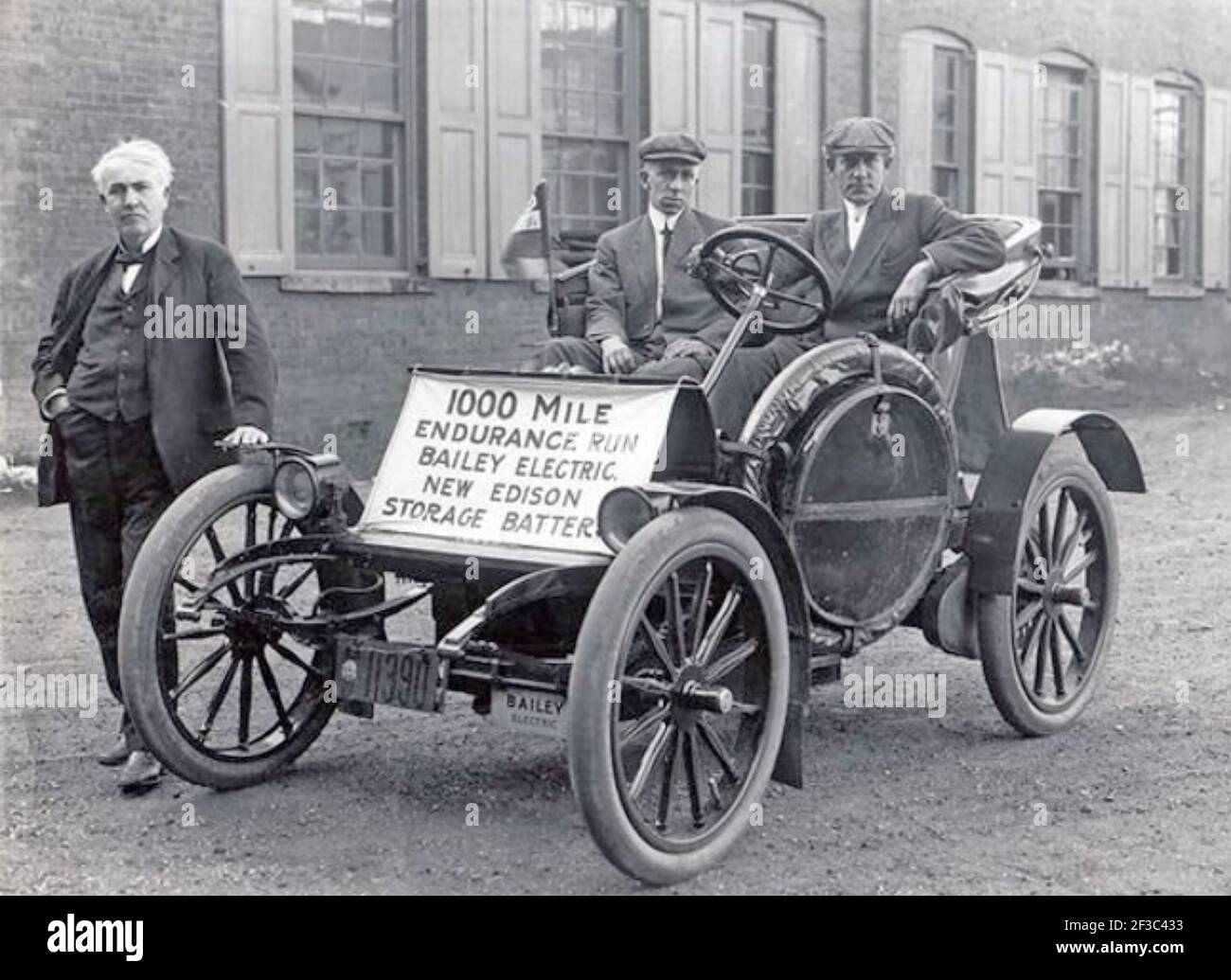 THOMAS  EDISON (1847-1931) American inventor  with the S.R.Bailey & Co car for which his company supplied the  alkaline cell battery used in the September 1910 thousand mile endurance contest with petrol powered cars. It  involved a climb of 6000 feet to the summit of Mount Washington. Stock Photo