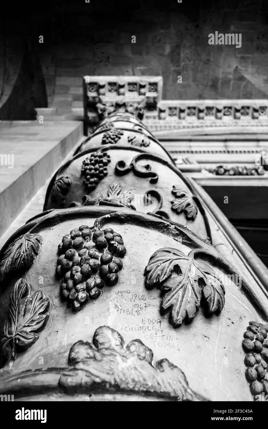 A closeup monochrome shot of twisted columns of the Maria Santissima Cathedral, in Ortigia, Italy Stock Photo