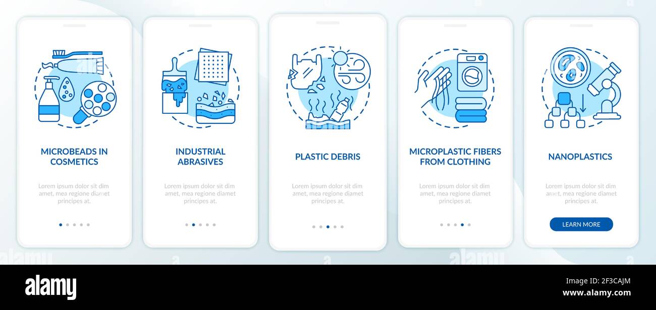 Microplastics sources and types onboarding mobile app page screen with concepts Stock Vector