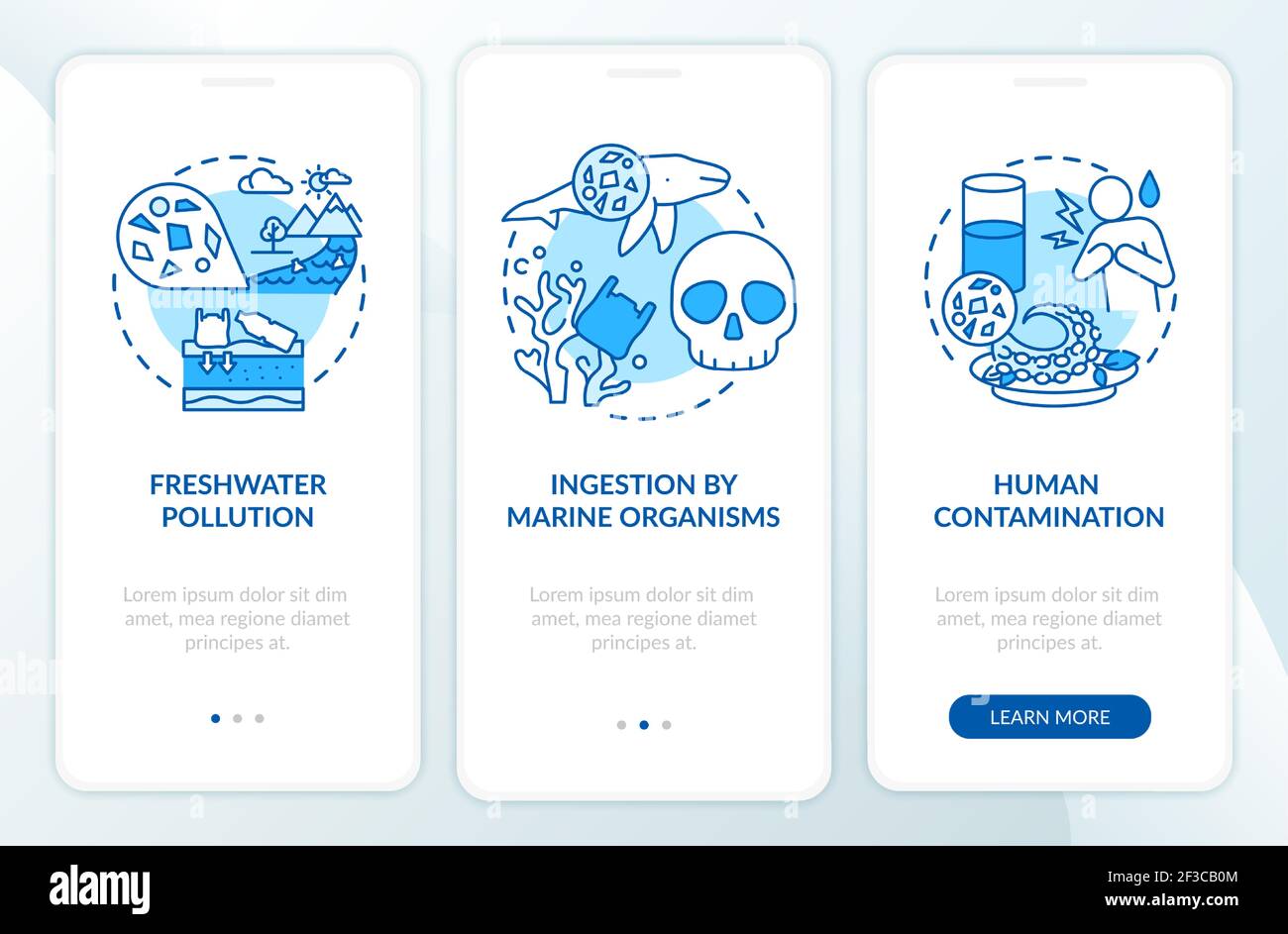 Microplastics effects onboarding mobile app page screen with concepts Stock Vector
