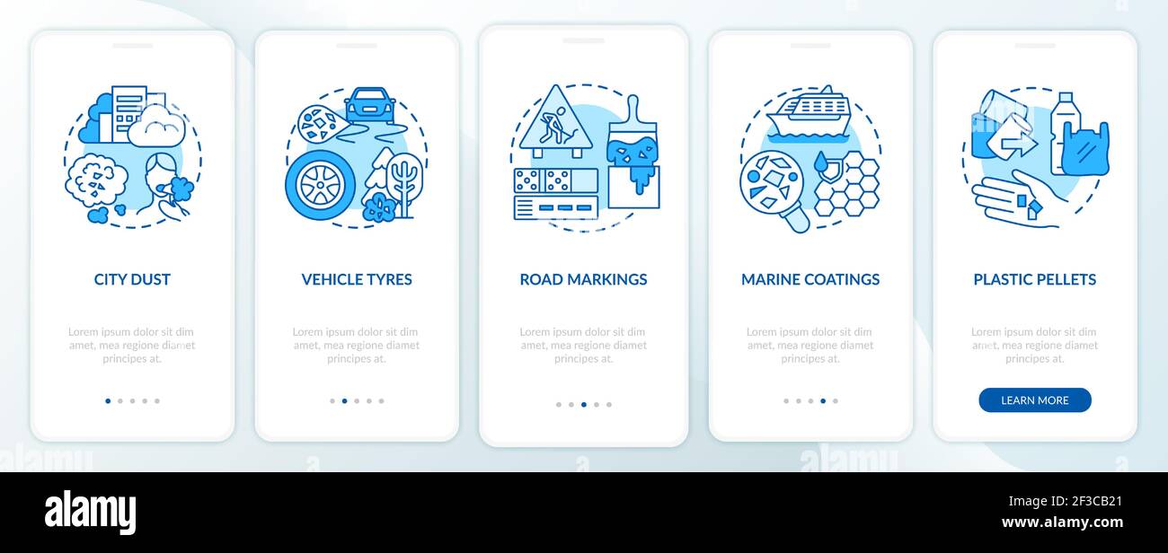 Microplastics sources onboarding mobile app page screen with concepts Stock Vector