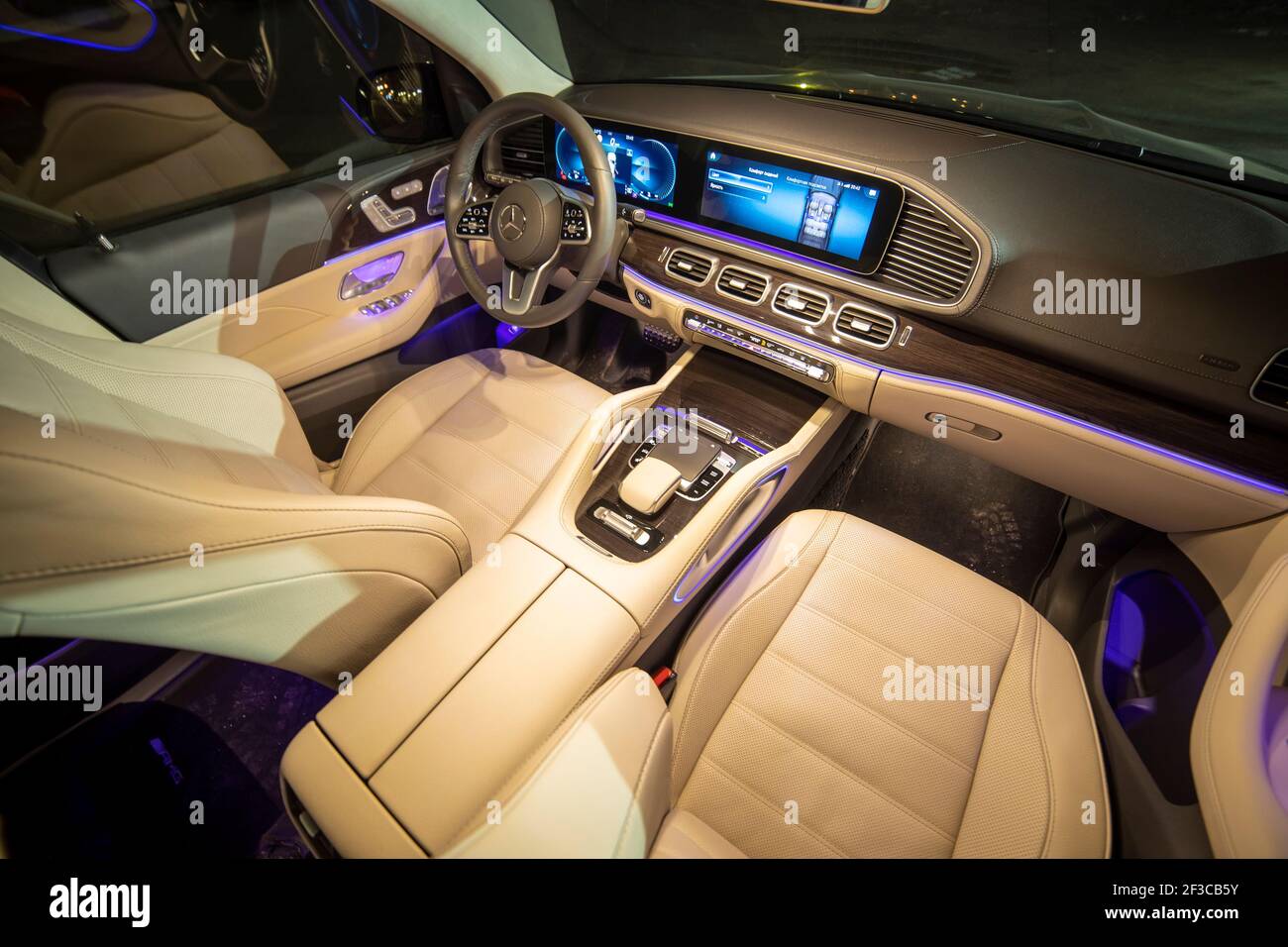 Moscow, Russia - December 24, 2019: Empty interior of light leather interior  of premium SUV Mercedes GLS class night shooting. with colored LED ambien  Stock Photo - Alamy