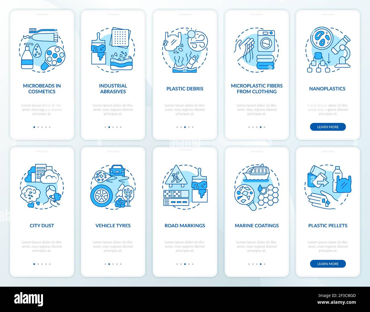Microplastics sources onboarding mobile app page screen with concepts Stock Vector