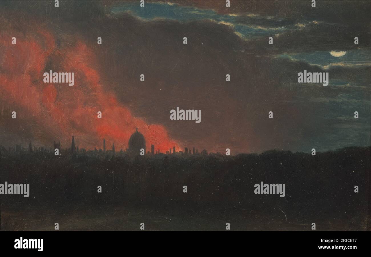 Fire in London, Seen from Hampstead;The Burning of the Houses of Parliament;Fire at the House of Parliament, Oct. 16, 1834, as seen from Hampstead;Fire in London, from Hampstead, ca. 1826. Stock Photo