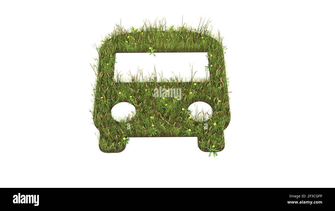 3d rendered grass field with colorful flowers in shape of symbol of bus ...