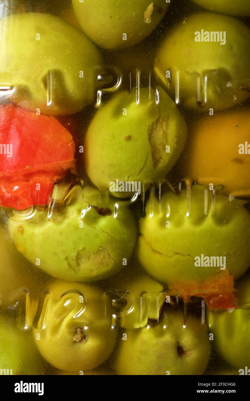 Typical Spanish olives in glass jar Stock Photo Alamy