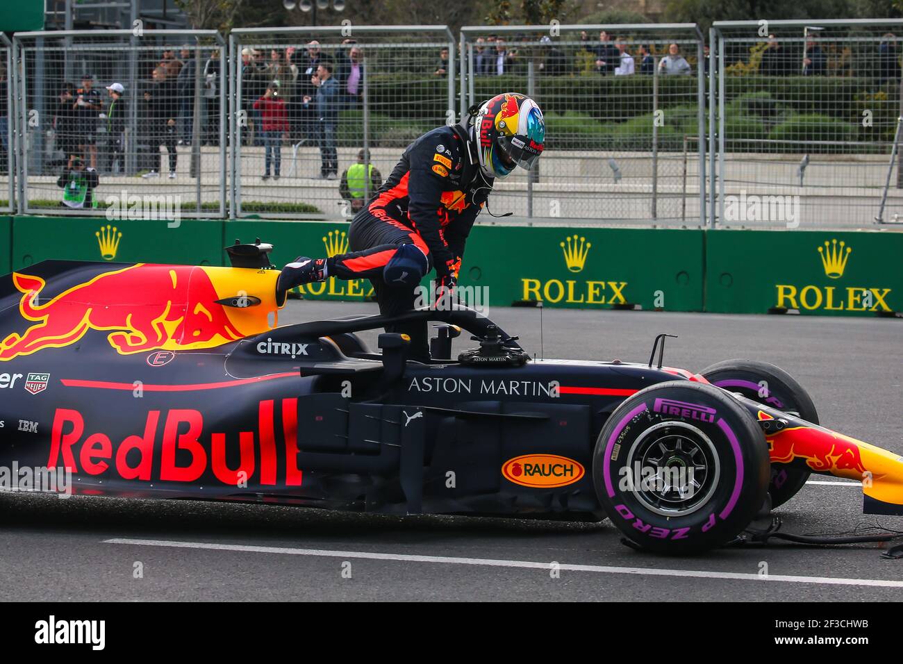 RICCIARDO Daniel (aus), Aston Martin Red Bull Tag Heuer RB14, getting out of his car after his crash with VERSTAPPEN Max (ned), Aston Martin Red Bull Tag Heuer RB14, during the 2018 Formula One World Championship, Grand Prix of Europe in Azerbaijan from April 26 to 29 in Baku - Photo Sebastiaan Rozendaal / DPPI Stock Photo