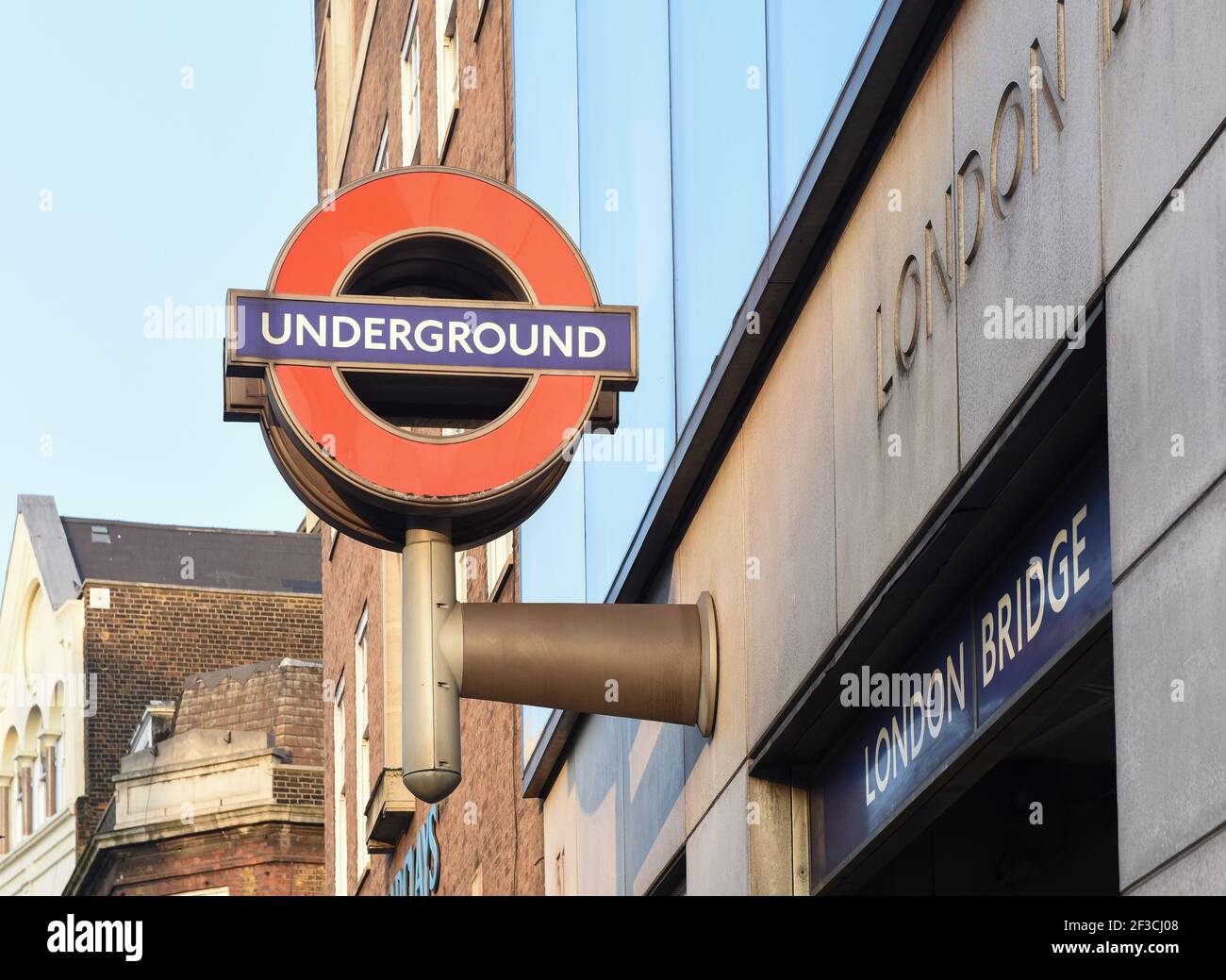 Outdoor sign and logo of London Bridge Underground seen at Borough High Street, central London. Stock Photo