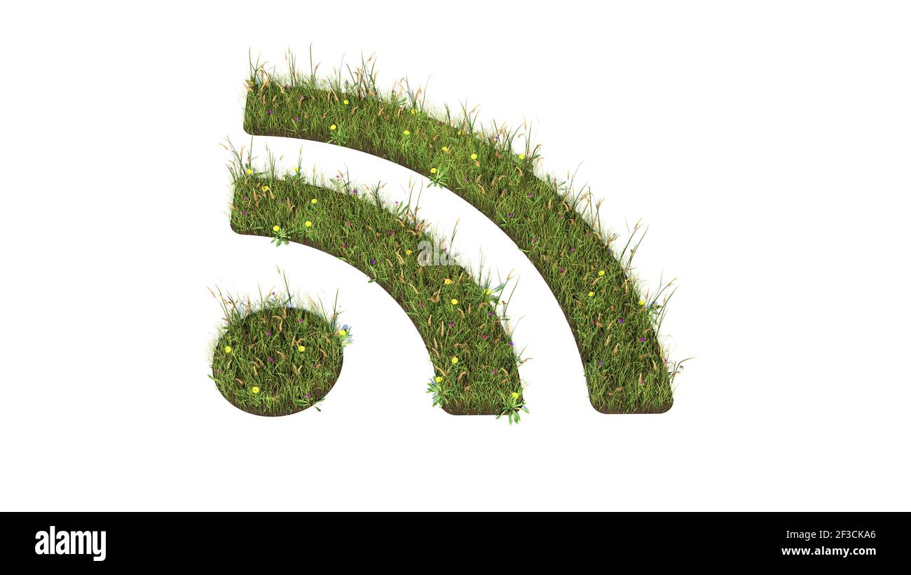 3d rendered grass field with colorful flowers in shape of symbol of rss ...