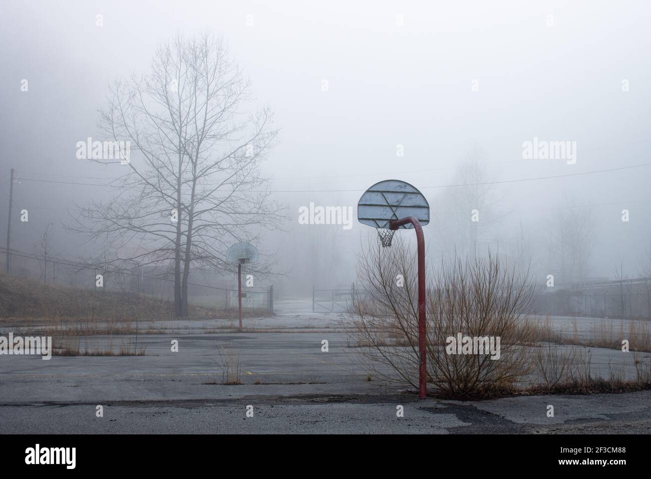 Abandoned basketball goals stand in thick morning fog. Stock Photo