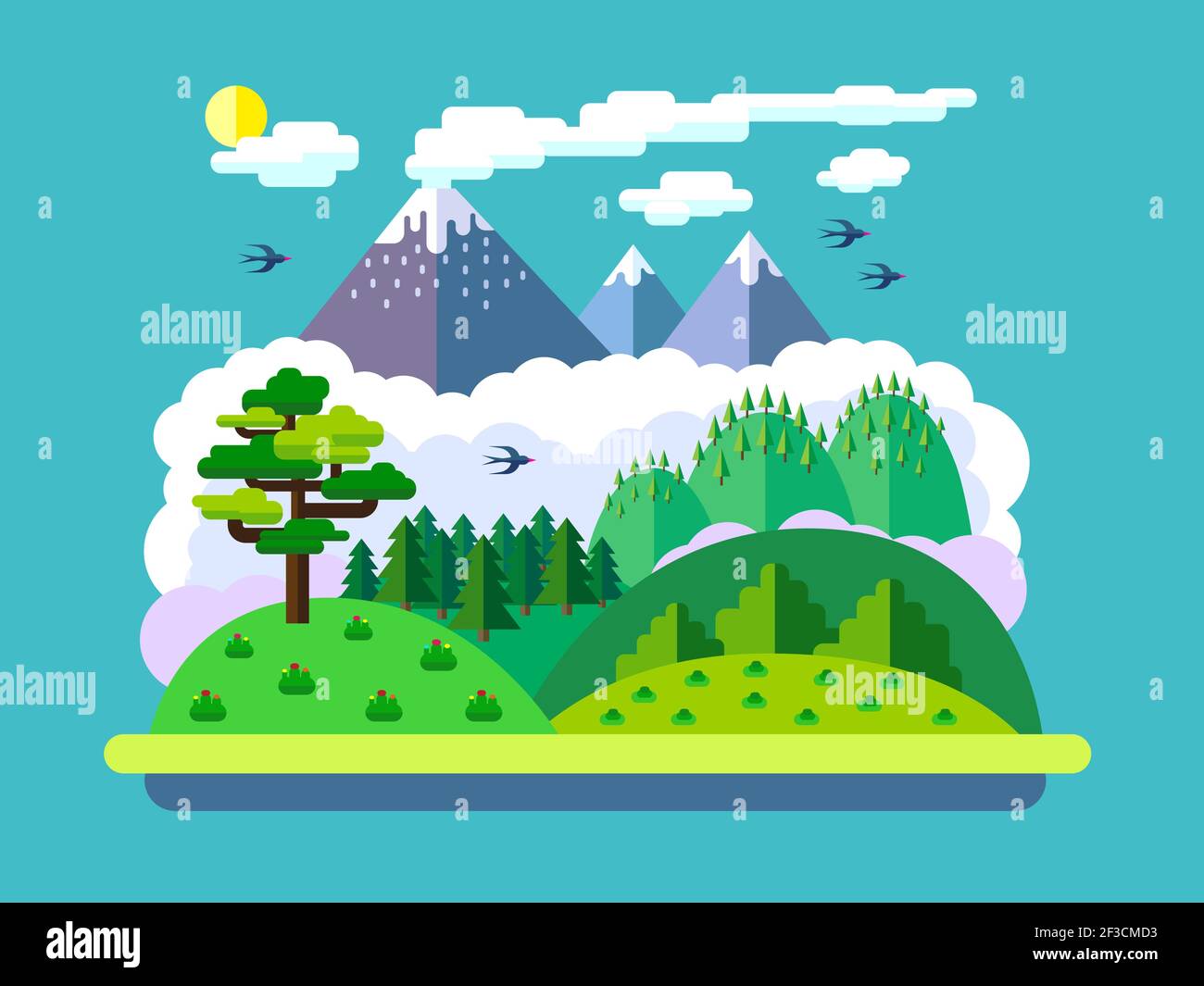 Vector flat landscape with mountains and forest Stock Vector