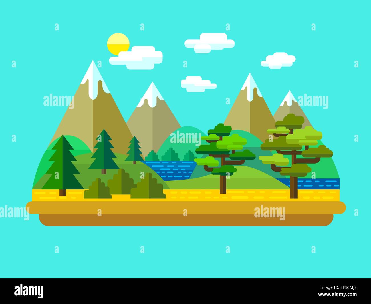Vector flat landscape with mountains and forest. Stock Vector