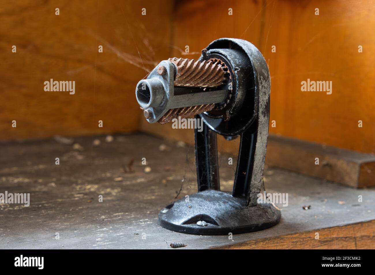A manual pencil sharpener is tethered to cobwebs an in abandoned school building. Stock Photo
