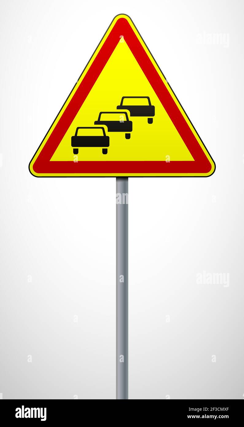Traffic jams. Temporary warning sign on a metal pole. Traffic rules and