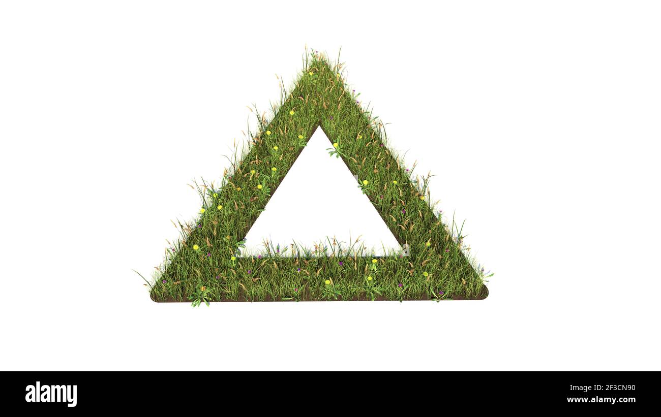 3d rendered grass field with colorful flowers in shape of symbol of fire symbol triangle with ground isolated on white background Stock Photo