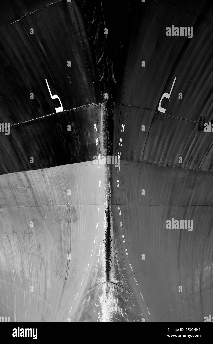 Bow of the container ship Horizon Consumer in black and white Stock Photo