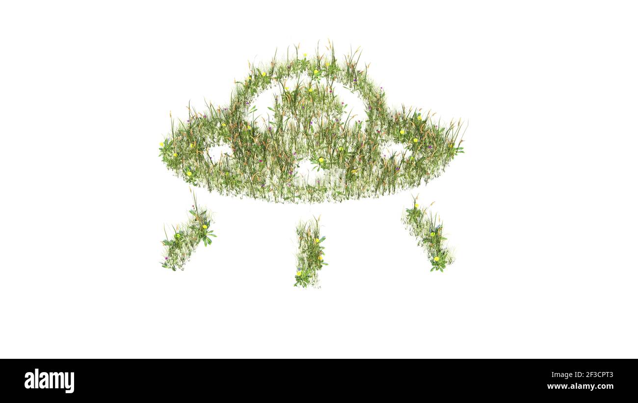 3d rendered grass field with colorful flowers in shape of symbol of UFO ...