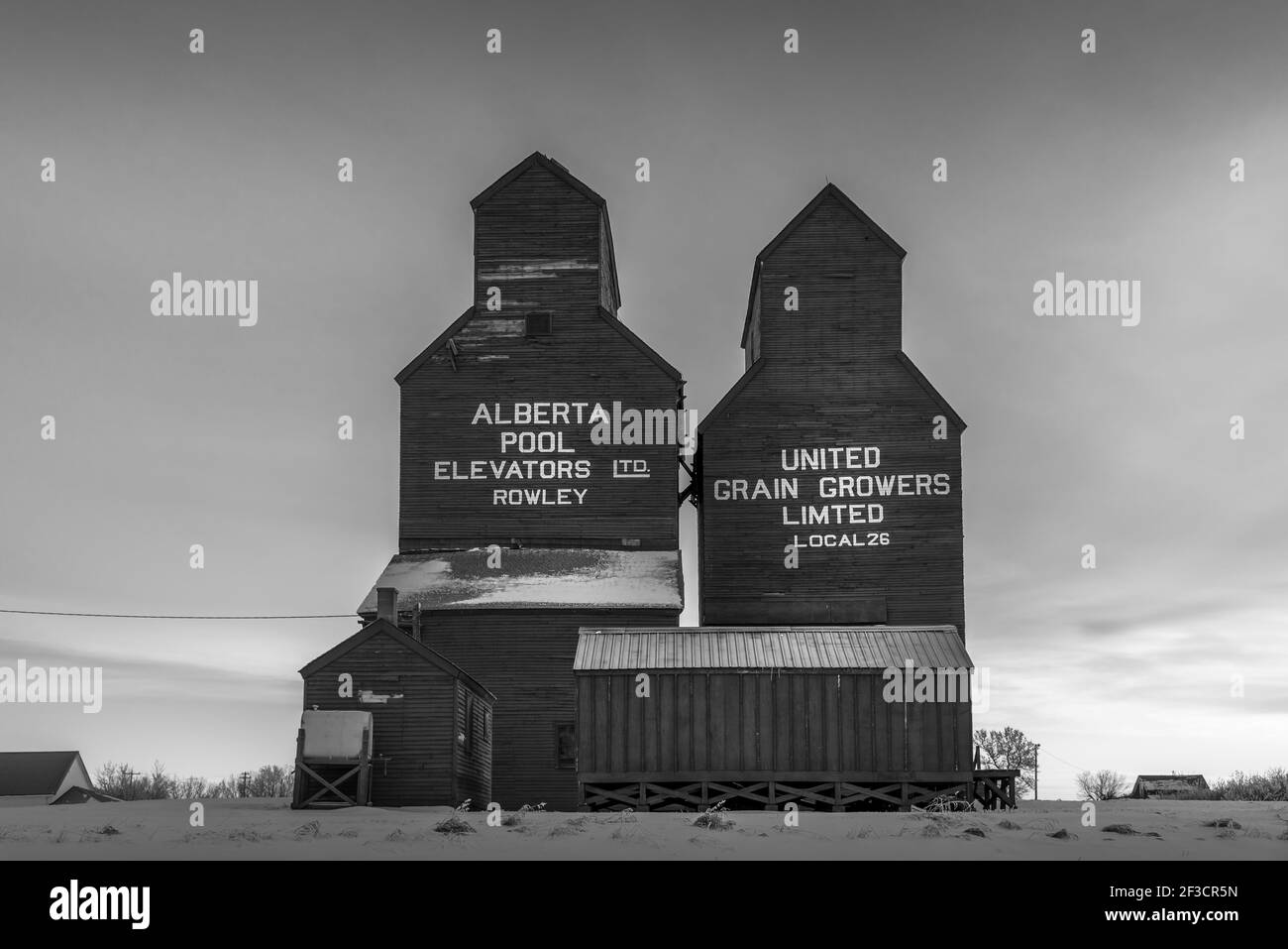 Rowley, Alberta January 31, 2021 Old abandoned grain elevator in the