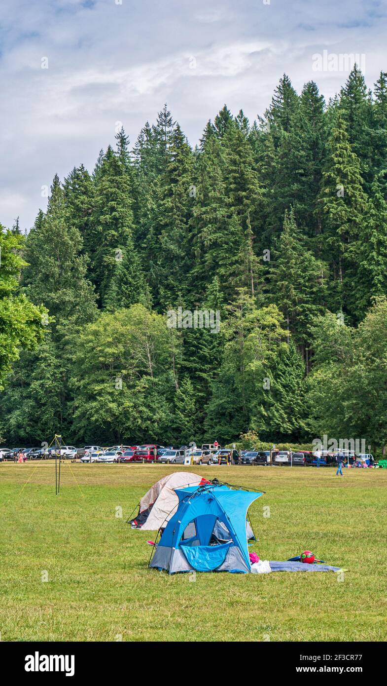 Small weekend camping installed on green lawn in a park Stock Photo - Alamy