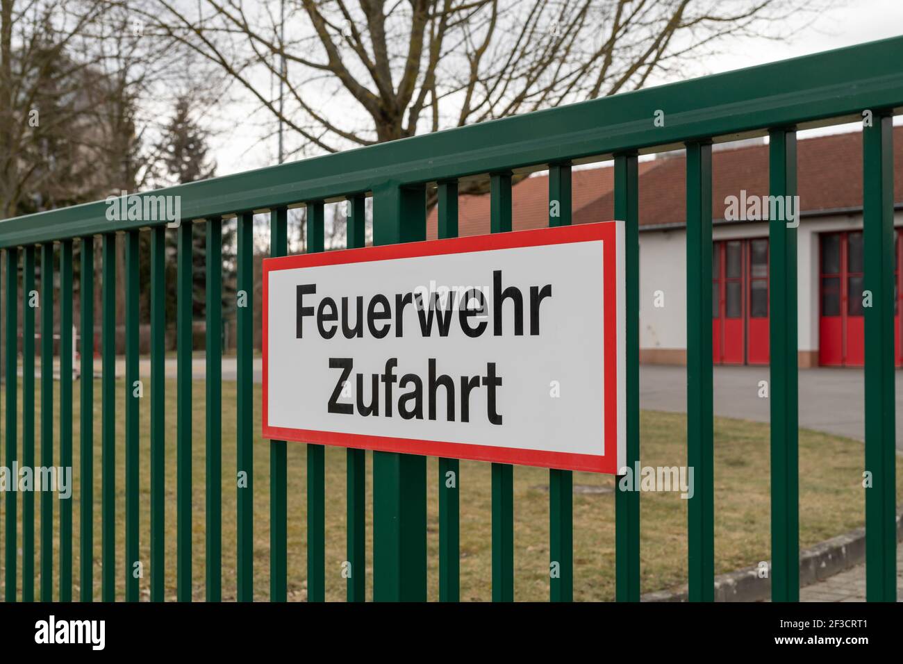 Sign with the German inscription Fire department access road Stock Photo