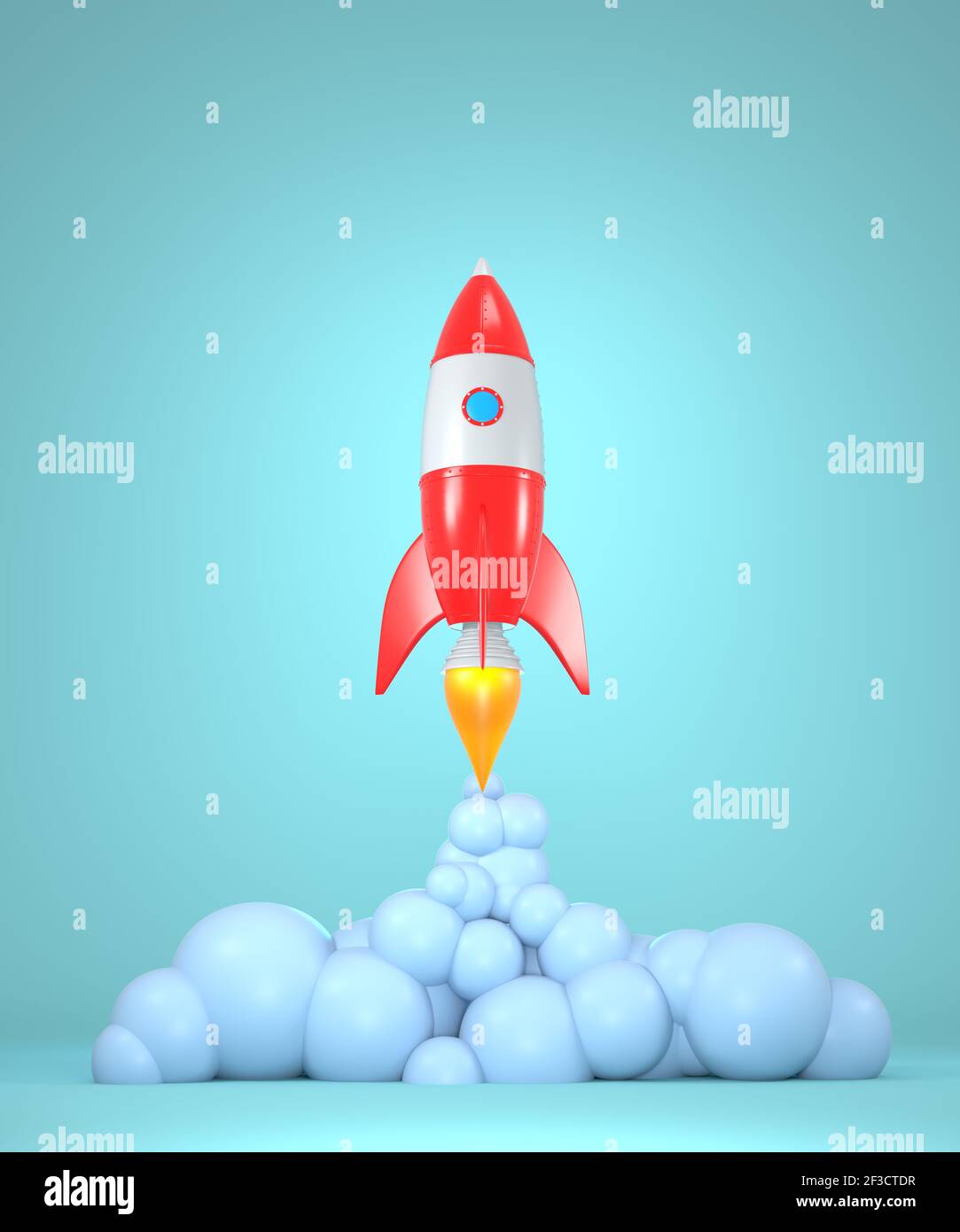 Rocket taking off with trail. 3D illustration Stock Photo