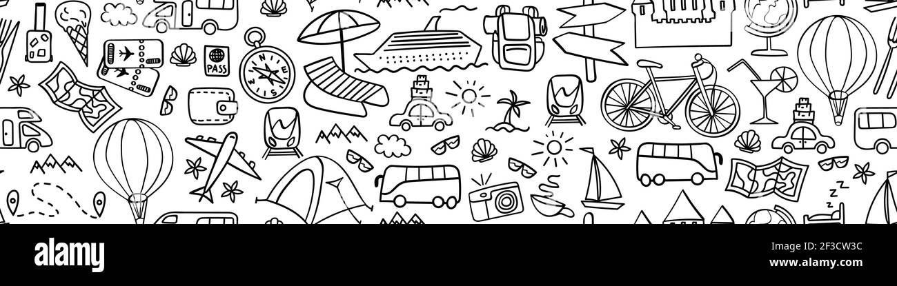 Travel hand drawn icons in seamless horizontal border. Vacation web banner. Vector illustration. Stock Vector